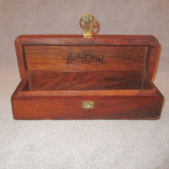 Vtg Lucky Brand Tooled Wood Fretwork Stash Box Brass Peace Sign Incense Trinket - Picture 1 of 11